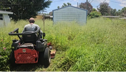 Zero-turn mower cutting through tall overgrown grass toward a shed