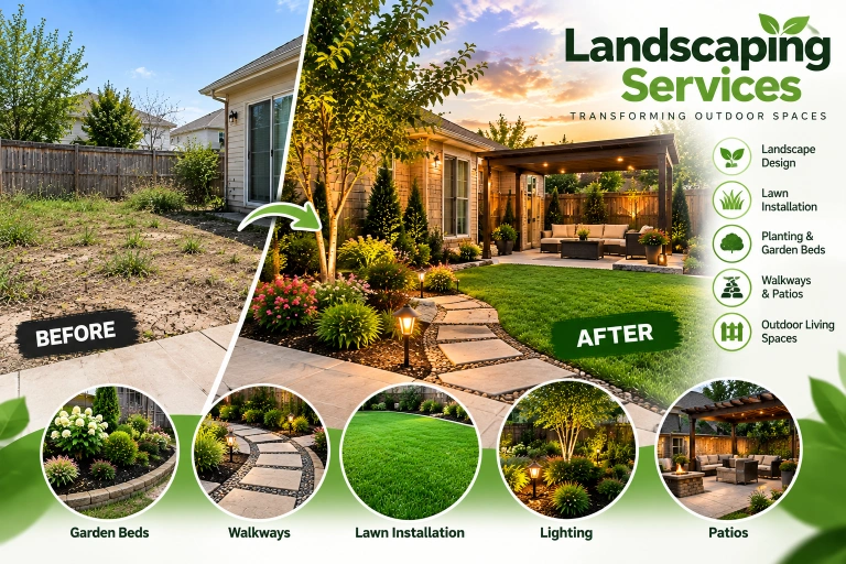 Residential landscaping transformation featuring a new lawn, planted garden beds, stone walkway, landscape lighting, and outdoor living area in Katy, TX.