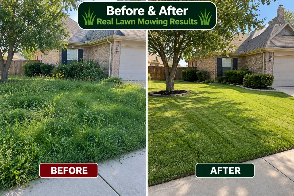Before and after lawn mowing results showing an overgrown residential lawn transformed into a neatly mowed and well-maintained yard in Katy, TX.