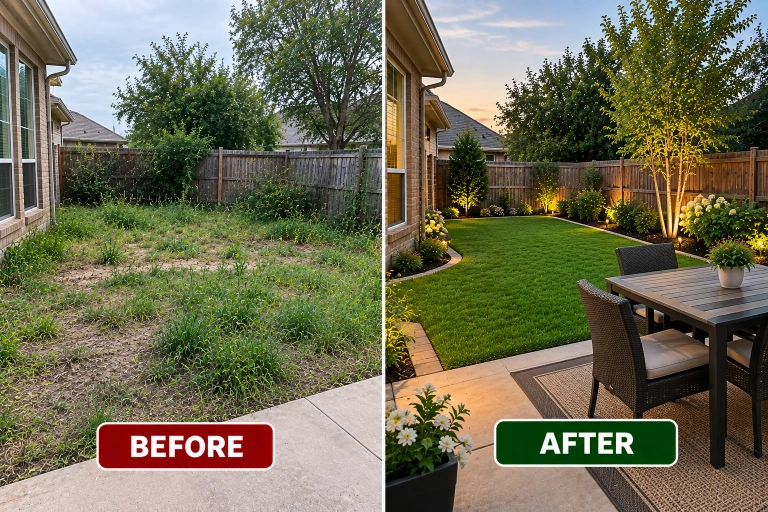 Before and after landscaping service showing an overgrown residential yard transformed with fresh lawn, garden beds, plants, and a clean landscape design in Katy, TX.