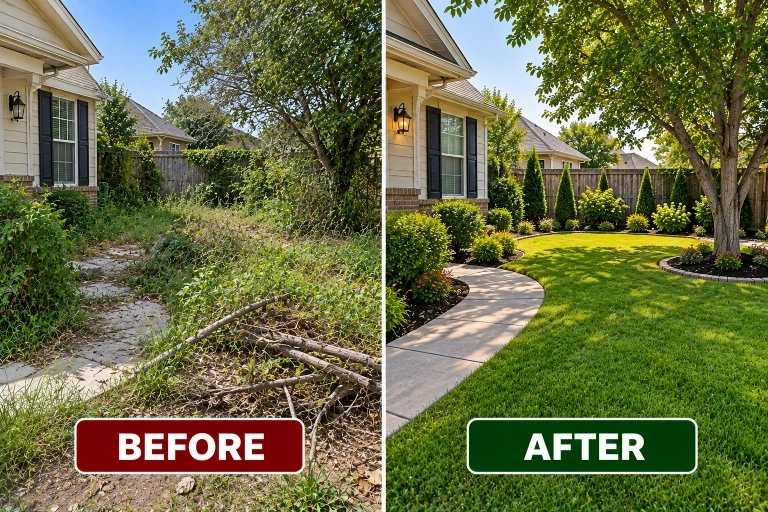 Before and after yard cleanup showing an overgrown residential yard transformed into a clean, neatly maintained outdoor space in Katy, TX.